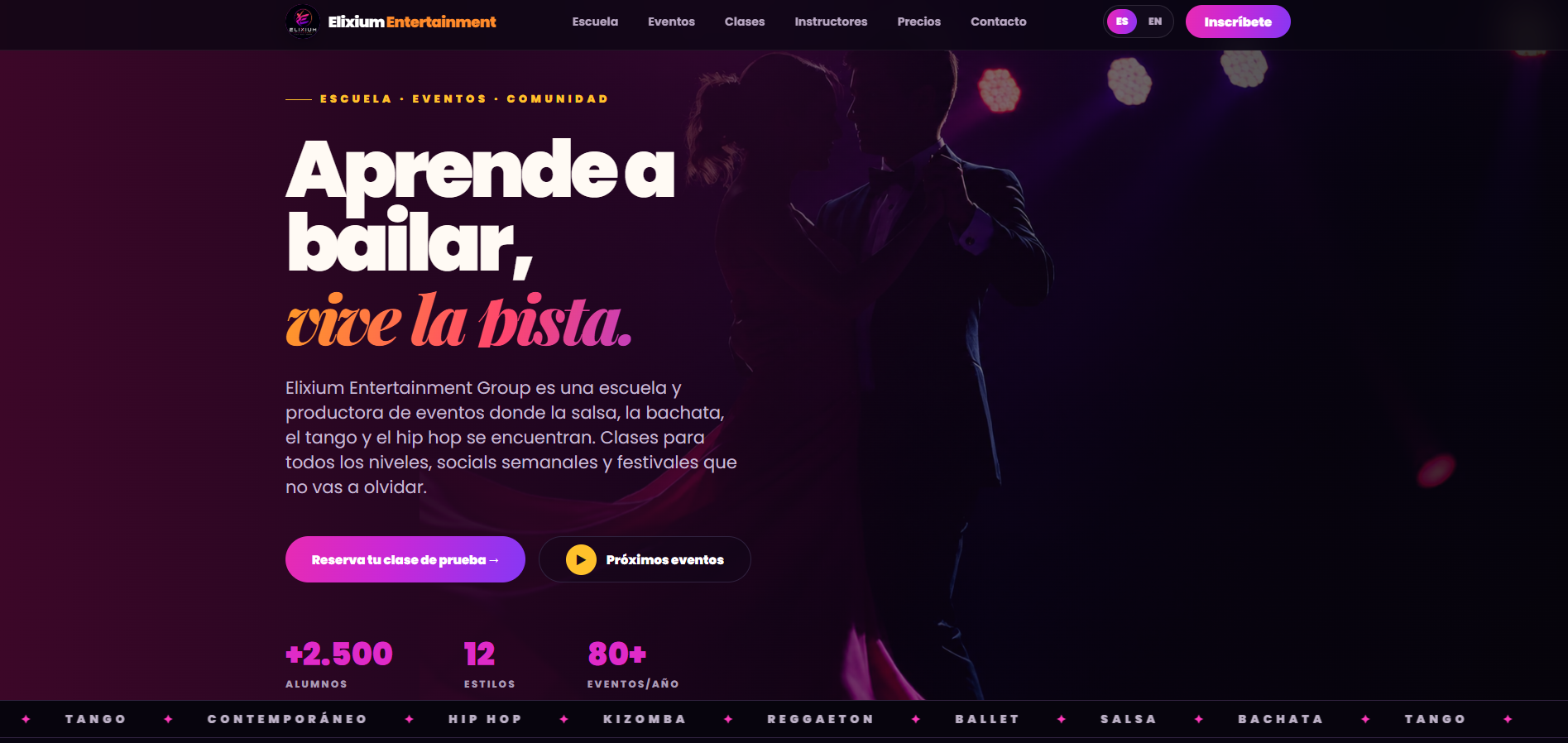 Sitio web de estudio de baile y eventos